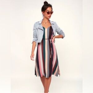 Lulus Erina Mauve Multicolor Stripe Tie-Waist Midi Dress Size Medium
